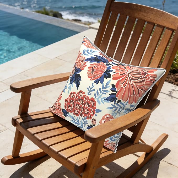 LVTXIII Outdoor Throw Pillows 18x18 Patio Waterproof Square Pillows with Piping Fade Resistant Accent Pillow for Spring Summer Garden Decoration, Set of 2, Red Chrysanthemum
