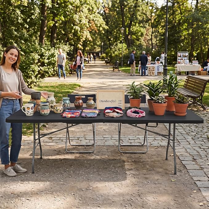 Goplus 8ft Plastic Folding Table, 350 LBS Outdoor Heavy Duty Folding Tables with HDPE Tabletop, Handle, Lock, Foldable Rectangle Portable Utility Card Table for Picnic, Party, Camping, Dining