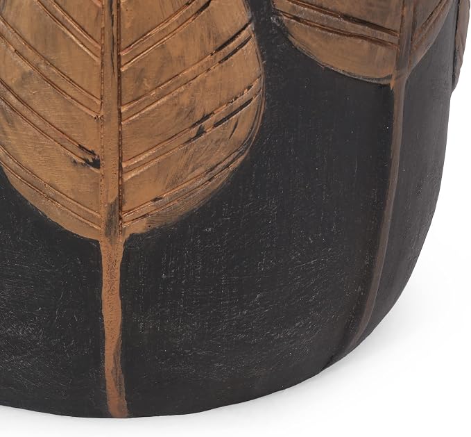 Outdoor Side Table Concrete End Table Round Drum Side Tables Antique Small Coffee Tables for Indoor Outdoor, Garden Stool Plant Stand for Porch Backyard Patio 15.25" *18.50 Black & Gold Leaves