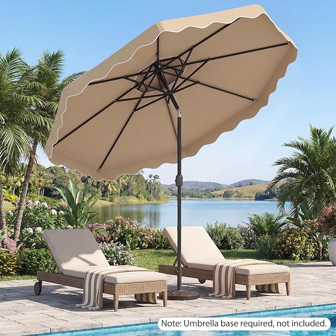 Happygrill 10 FT Patio Umbrella, Scalloped Outdoor Table Market Umbrella with Push Button Tilt & Crank, 2-Tier Vented Top, Heavy-Duty 8 Metal Ribs, Sun-Protective Canopy, Ruffle for Deck Pool Garden (Brown)
