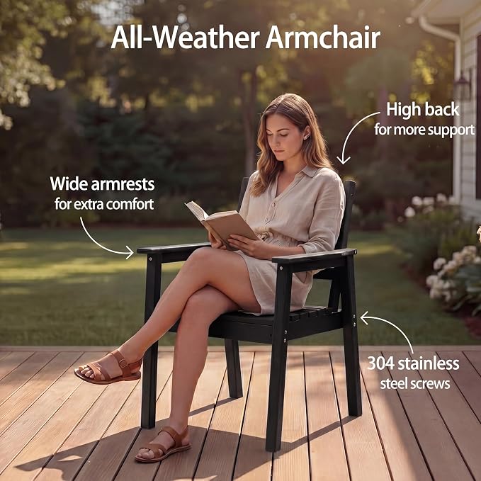 10-Piece Outdoor Dining Set, All-Weather HDPE Patio Furniture, Two 66.5" Slatted Table with 1.6" Umbrella Hole & 8 Ergonomic Armchairs, Heavy Duty 350lbs Capacity, UV Resistant, Black