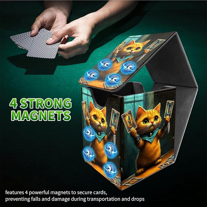 Chess Card Cat Card Deck Box for MTG, Personalized Card Storage Case Fits 120+ Sleeved Cards, Premium Leather TCG Box with Strong Magnetic Closure for Magic, CCG, PTCG, Baseball Cards