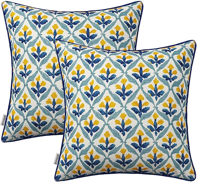 MIULEE Pack of 2 Decorative Outdoor Waterproof Throw Pillow Covers Flower Print Chic Boho Accent Pillow Covers for Square Garden Patio Cushion 20x20 Inch, Light Yellow Blue