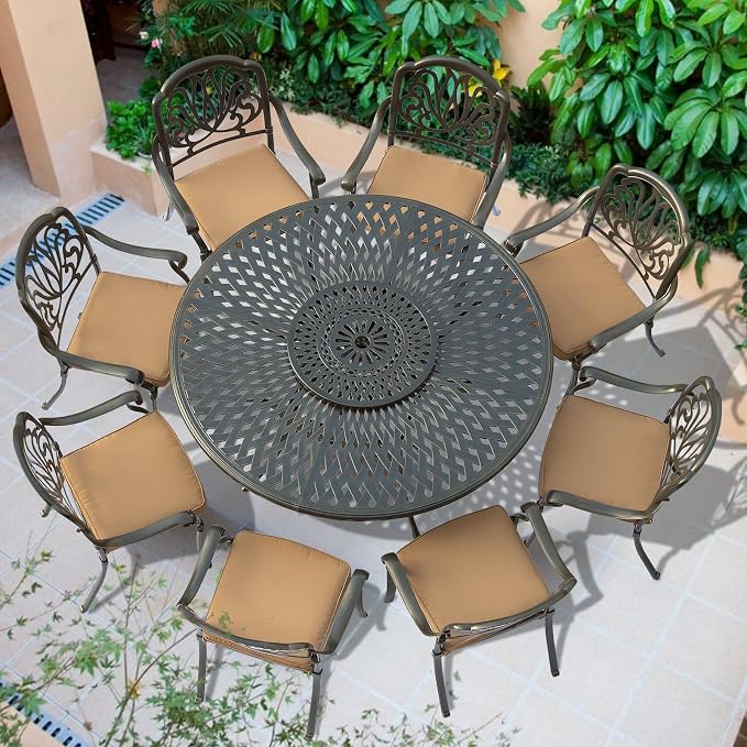 VIVIJASON Outdoor 61" Patio Dining Table for 6-8 Person, Patio Round Dining Table with 24" Lazy Susan, Cast Aluminum Rustic Patio Table W/Umbrella Hole for Balcony, Porch and Deck, Dark Bronze