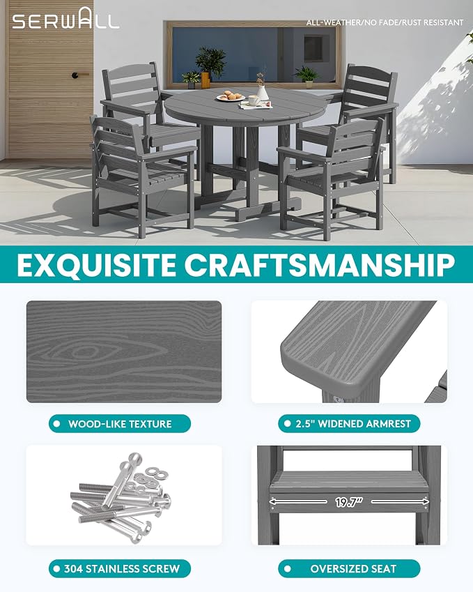 SERWALL 6-Piece Patio Dining Sets, HDPE Outdoor Table and Chairs Furniture Set with Umbrella, 45" Round Dining Table & 4 Dining Chairs & 1 9FT Umbrella, Gray(Not Include Umbrella Base)