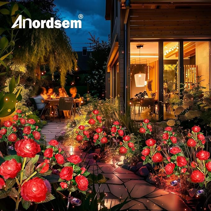 Anordsem Solar Garden Lights Outdoor: 20 Artificial Fabric Red Roses Flowers 4 Pack- LED Flower Decorations for Cemetery Grave Pathway Yard- Mothers Day Gifts for Women, Wife and Mother
