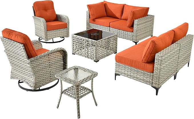 Outdoor Patio Furniture Sets, 8 PCS Patio Conversation Set Outside Rattan Sectional Sofa with Wicker Rocking Chairs Coffee Table Soft Cushion Fit Backyard Porch Garden Poolside Balcony