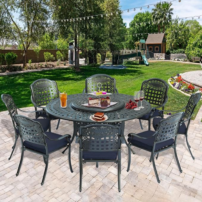 9-Piece Patio Cast Aluminum Dining Set, Outdoor Dining Furniture Set for 8 Person, Includes 8 Cushioned Chairs and 61" Large Round Dining Table W/ 31" Lazy Susan, Umbrella Hole, Navy Blue
