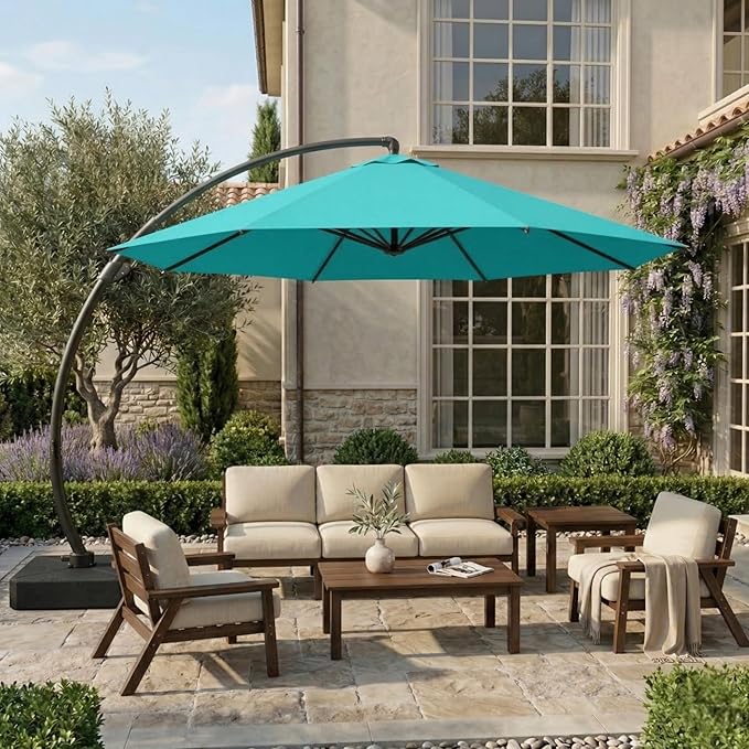 12 FT Cantilever Umbrella with Base Included, Large Round 360° Rotation Offset Umbrella Outdoor Patio, Heavy Duty Aluminum Frame, Sand-Weighted Stand, for Deck, Backyard, Pool, Garden (Teal)