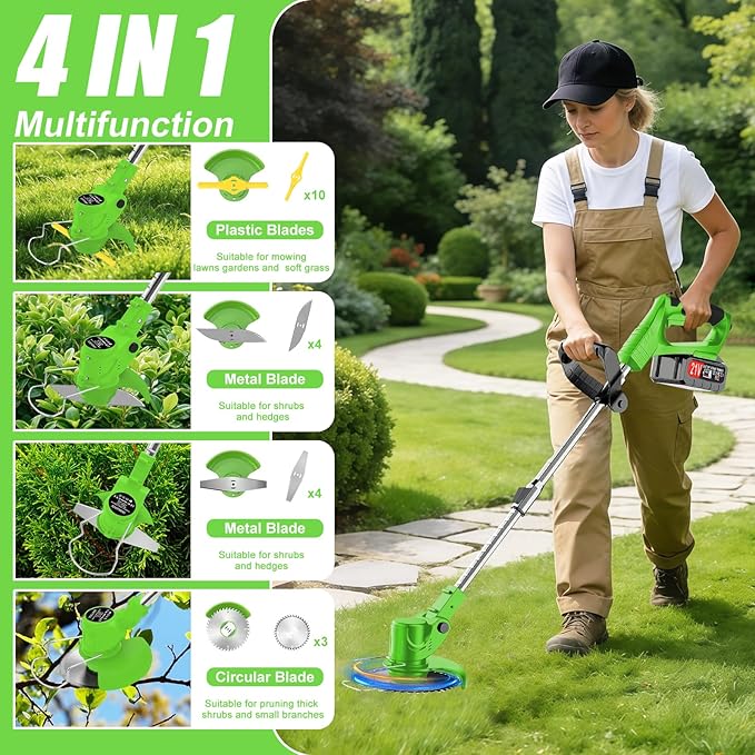 Electric Cordless Weed Wacker, 21V Electric Weed Wacker Eater with Battery Charger, 3 in 1 Grass Trimmer with 4 Types Blade, Lightweight Adjustable Design for Lawn, Yard