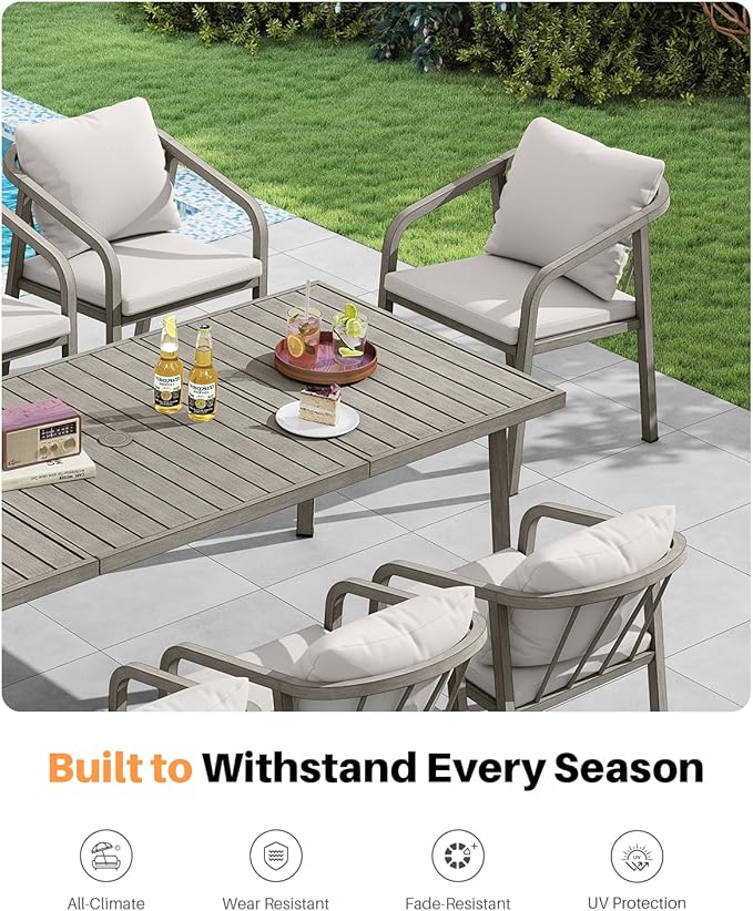 9 Pieces Never-Rust Aluminium Outdoor Dining Set, Patio Dining Table Set for 8, Patio Dining Set with Rectangle Table, Outdoor Dining Chairs with Removable Cushions for Deck, Balcony, Gray Oak