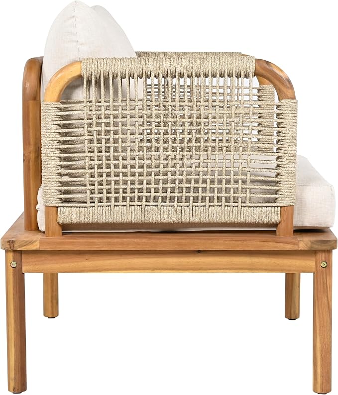 Merax MP2 Set of 2 Outdoor Club Chairs, Acacia Wood & Rope Weave with Water-Repellent Cushions, Patio Conversation Chairs for Garden & Balcony