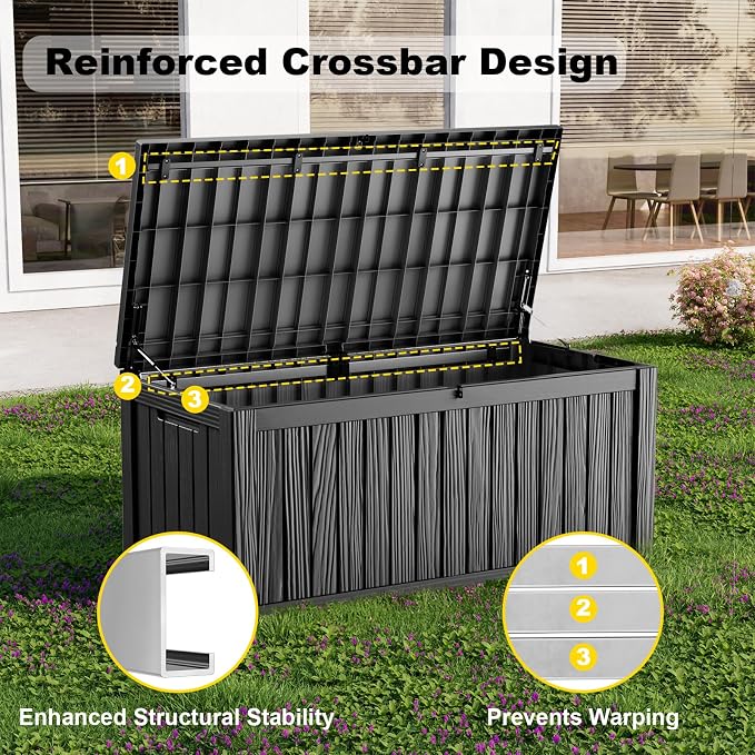 Deck Box Large Outdoor Storage for Patio Furniture,Outdoor Cushions,Garden Tools and Pool Supplies,Waterproof,Resin,Lockable (Black, 150 Gallon)