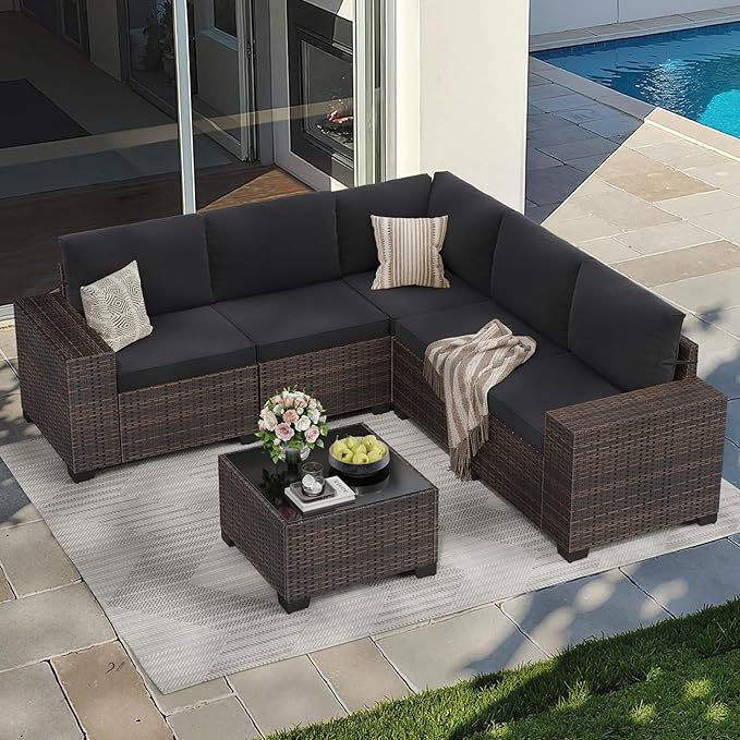 Soohow 6-Piece Patio Furniture Set All-Weather Outdoor Wicker Sectional Conversation Set with Cushion and Glass Table for Garden, Porch, Backyard, Black Cushions
