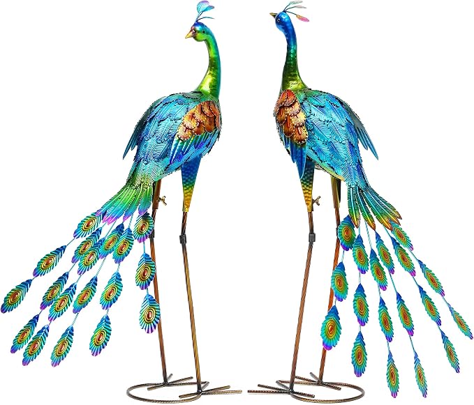 Oversized Peacock Decor Set of 2, 32" Outdoor Metal Yard Art | Hand-Painted Metal Peacock Sculpture. Weatherproof Garden Art for Lawn, Flower Beds, Patio, Backyard, or Indoor Home Decor.