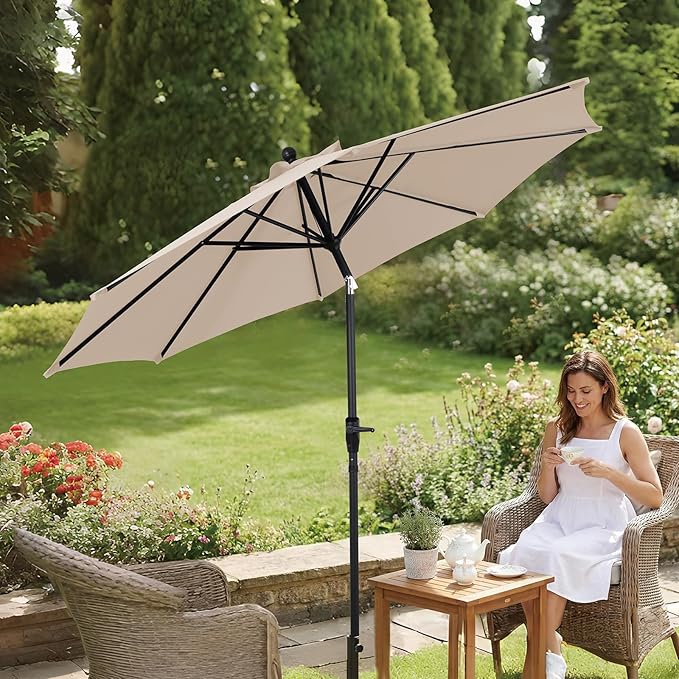 9FT Outdoor Patio Umbrella with Crank Lift & Auto Tilt - Market Umbrella, 8 Heavy-Duty Ribs, UV Resistant & Water-Repellent for Garden, Deck, Poolside & Backyard