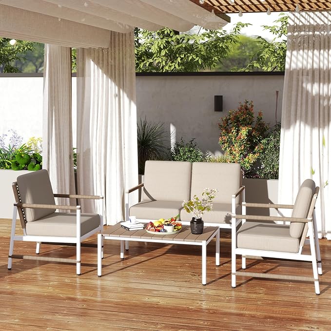 Tangkula 2 Pieces Patio Furniture Set, Outdoor Aluminum Conversation Set with Thick Cushions, Patio Loveseat Sofa with Coffee Table, Modern Bistro Set for Poolside, Deck, Yard
