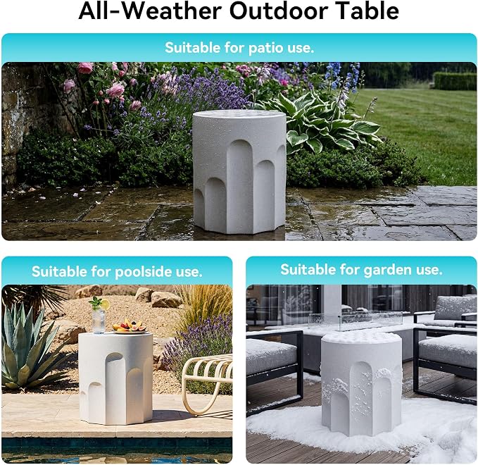 COSIEST Outdoor Side Table, 16.9" Modern Concrete End Table w Chessboard for Patio,Lightweight Round Outside Accent Table & Plant Stand for Garden, Porch, Deck, Balcony,White
