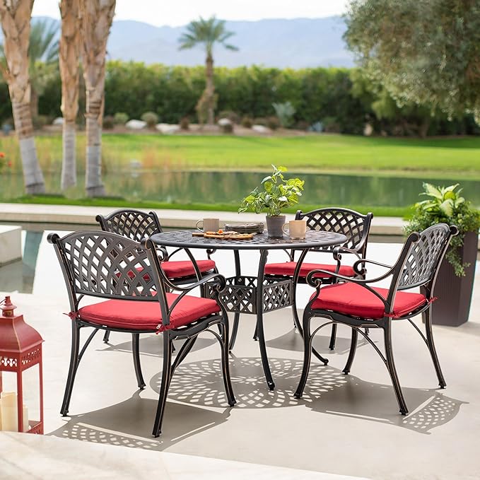 NUU GARDEN 5 Piece Patio Dining Set, Cast Aluminum Outdoor Dining Sets with Red Cushions, Round Patio Dining Table with Umbrella Hole for Garden, Backyard, Balcony, Black with Bronze Edge