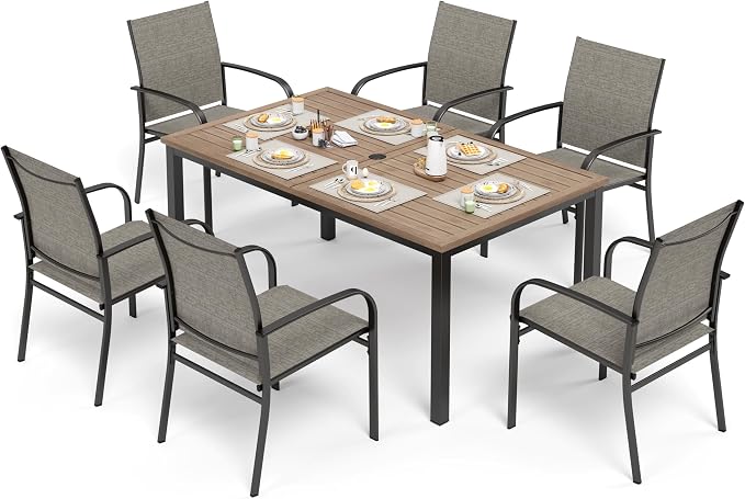 SUNSHINE VALLEY Patio Dining Set for 6, Rectangular Wood-Like Metal Table with Umbrella Hole and 6 Brown Chairs, Outdoor Table and Chairs for Lawn Garden Backyard and Deck