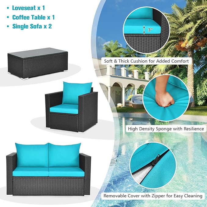 COSTWAY 4-Piece Patio Rattan Furniture Set, Cushioned Sofa Chair, Loveseat and Coffee Table with Tempered Glass Top, Outdoor Conversation Sets for Garden Poolside Balcony Porch (Turquoise)