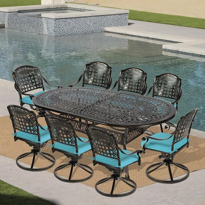 VIVIJASON 9-Piece Outdoor Patio Furniture Dining Set, All-Weather Cast Aluminum Conversation Set, Include 8 Swivel Dining Chairs and an Oval Table with Umbrella Hole, Ocean Blue Cushion