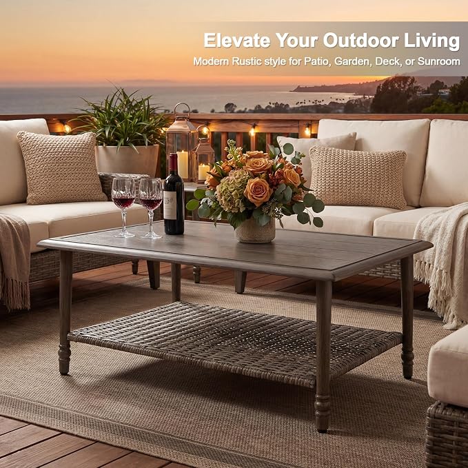 Outdoor Coffee Table, Heavy Duty Wicker Coffee Table, 2-Tier Patio Table with Storage, Patio Coffee Table for Garden Deck Balcony Poolside
