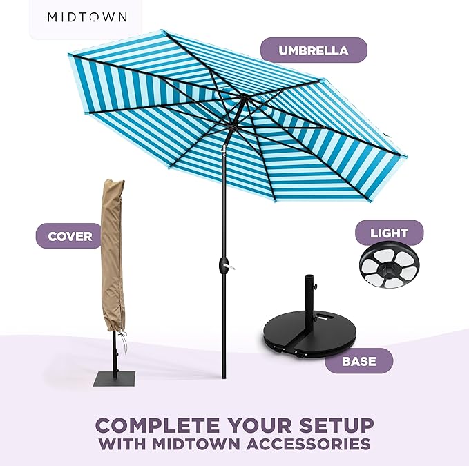 Midtown Umbrellas - 10-Year-No-Fade 8 Ft Patio Umbrella with Terylast Fabric, Auto-Tilt Aluminum Frame and 8 Reinforced Ribs for Deck, Pool, Garden & Beach - Blue/White Stripes Canopy, Black Pole