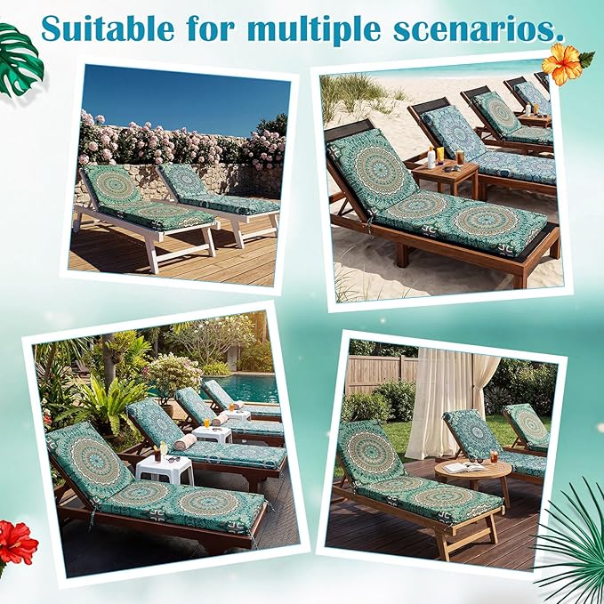 2 Pack Chaise Lounge Cushion Covers Outdoor (Not Includes Cushions) Waterproof Chair Cushion Replacement Covers 72 x 21 x 3 Inch for Patio Pool Lawn Slipcover with Ties(Bohemian)