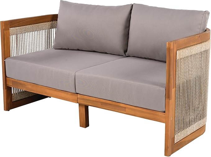 LUMISOL 4 Piece Outdoor Patio Furniture Sets, Acacia Wood Conversation Set with Coffee Table for Garden, Poolside, Backyard, Teak+Grey