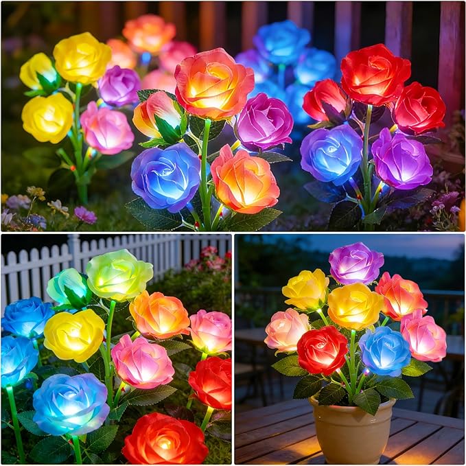ANGMLN Solar Garden Lights, 6 Pack Solar Flower Lights Outdoor Waterproof with 30 Head Realistic Rose 7-Color Changing Landscape Light for Garden Yard Pathway Patio Grave Cemetery Decoration