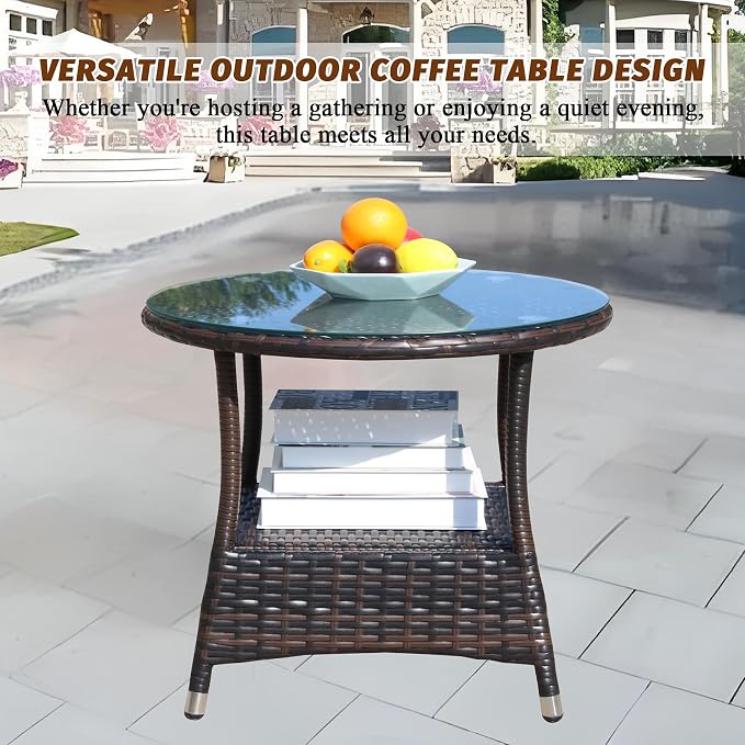 Outdoor Rattan Patio Side Tables, Wicker Table with Clear Tempered Glass Top, Patio End Tables with Storage Shelf, Outdoor Small Tables for Patio,Porch,Balcony,Backyard (Brown, 21.00 Inch)