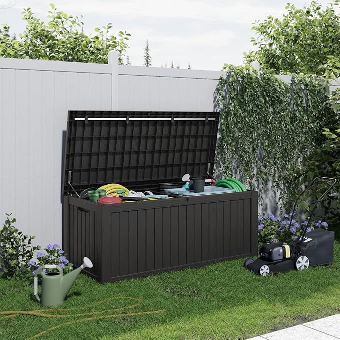 PatioZen 180 Gallon Deck Boxes Outdoor Waterproof, Weatherproof Outdoor Storage Boxes Lockable for Patio Furniture, Pool Supplies,Garden Tools(Black)