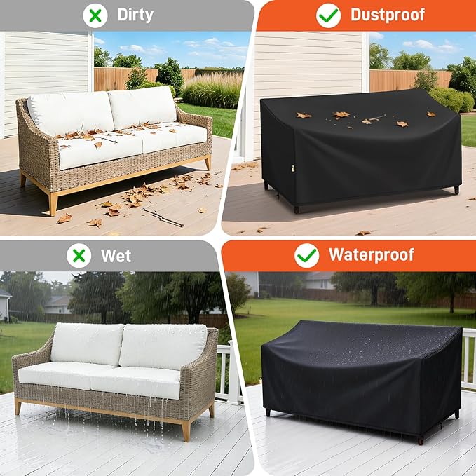 Arcedo Patio Sofa Cover Waterproof, Outdoor 2-Seater Loveseat Chair Couch Covers for Outdoor Furniture, 58" W x 34" D x 31" H, Black