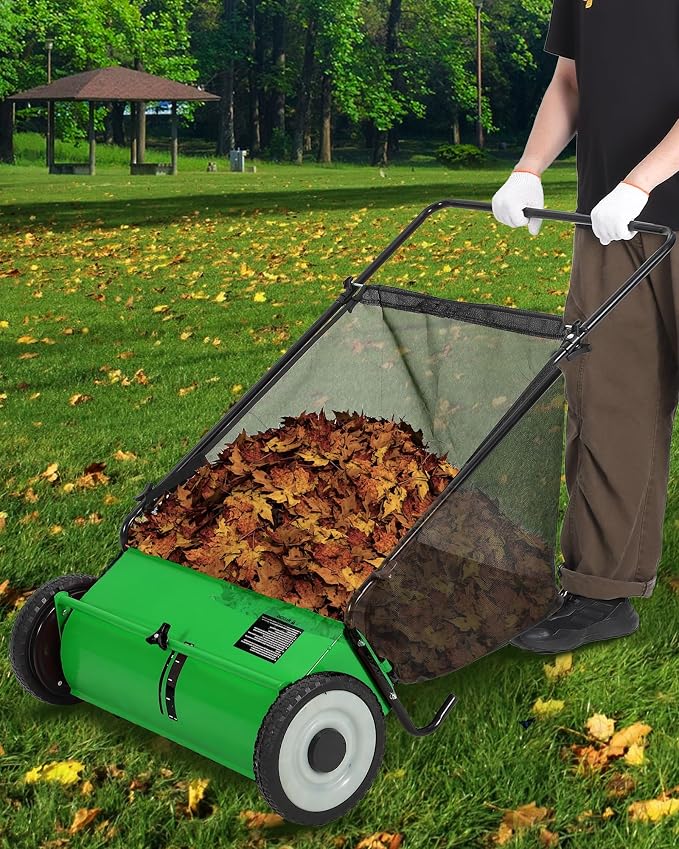 21-Inch Push Lawn Sweeper, 3.5 Cu. Ft. Hopper Capacity Leaf & Grass Collector with 4 Spinning Brushes, Adjustable Height, for Grass Clippings, Leaves & Debris, Green