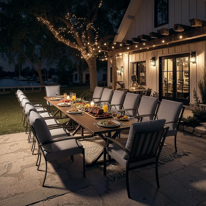 Kullavik 16 Pieces Outdoor Dining Set,Patio Dining Table and Chairs Set for 14,Fence Pattern Back Chairs with Thickened Cushions & X-Frame Metal Dining Table with Umbrella Hole for Patio,Grey