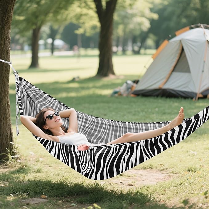 Camping Hammock Outdoor Hammocks for Outside White Black Zebra-Stripe Beach Trees Portable Lightweight with Pockets Tree Straps Indoor