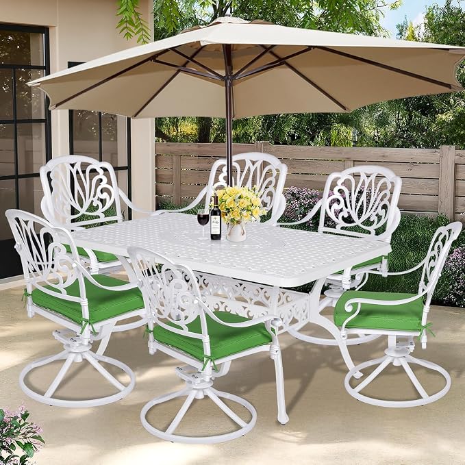 7-Piece Outdoor Patio Dining Set, 60” Rectangular Cast Aluminum Dining Table with Umbrella Hole and 6 Cushioned Swivel Rocker Chairs, Patio Funiture Set for Backyard, Patio, Garden, White