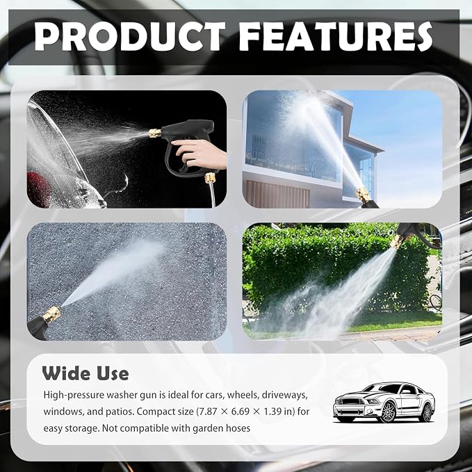 Car Short Pressure Washer Gun,4350 PSI Max High-Pressure Car Wash Gun | Portable, Safety Lock, M22-14 Thread, 1/4" Outlet Quick Connect, 4350 PSI Max