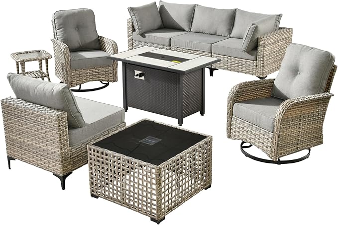 Outdoor Patio Furniture Sets,9 PCS Patio Conversation Set Outside Rattan Sectional Sofa with 42 in Fire Pit Table Wicker Rocking Chair Coffee Table Fit Backyard Porch Garden Poolside Balcony