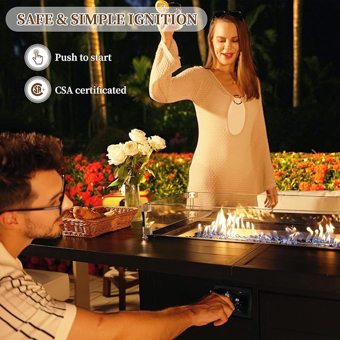 PIZZELLO 7 Piece Patio Furniture Set with 60" Propane Firepit Table, 4Pcs Outdoor Swivel Rocker Chairs with 2 Side Tables and Aluminum Gas Fire Table