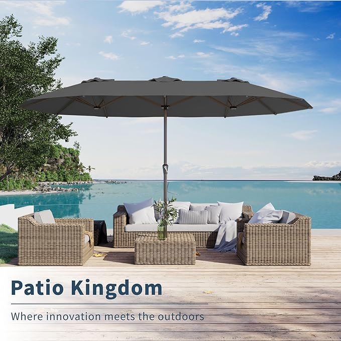 PatioKingdom 15FT Large Patio Umbrella with Base, Double Sided Rectangular Outdoor Umbrella with Sturdy Fiberglass Ribs, Market Umbrella for Pool,Garden,Backyard,Deck (Gray, 15FT)
