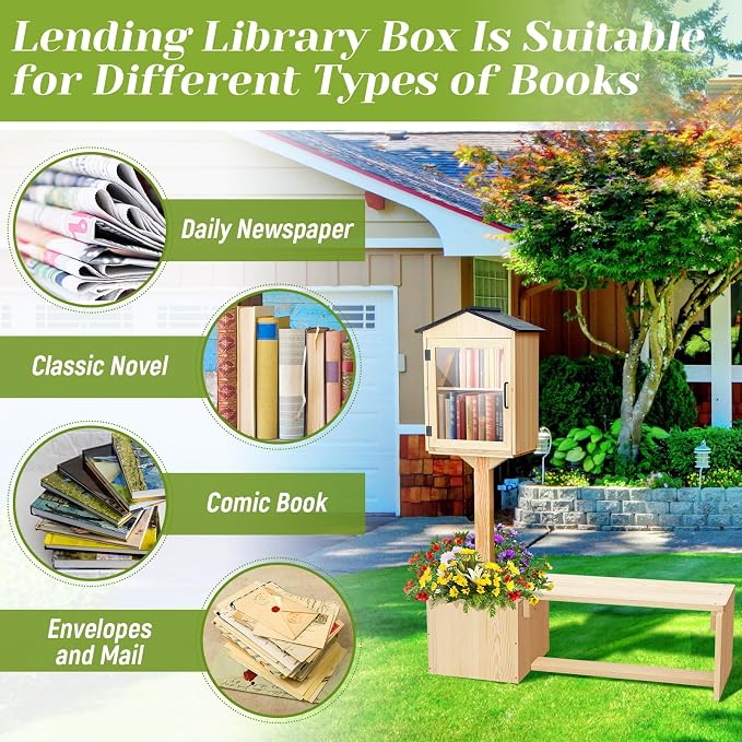Wonderjune 3-in-1 Little Library Box Outdoor with Bench & Planter DIY Paintable Lending Free Library Pine Wood Neighborhood Share Box Ground Mount Kit for Yard Garden Community School(Wood)