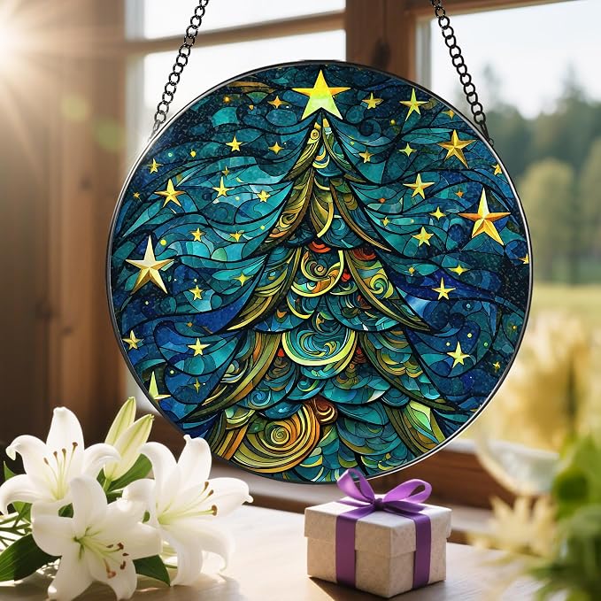 8-Inch Christmas Tree Suncatcher Ornament, Stained Glass Window Hanging & Stained Glass Holiday Ornament, Sun Catcher Window Decor ā Keepsake Gift for Family, Coworkers & Friends, Gifts for Christmas