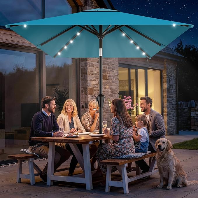 AreShark 6.5' x 10' Rectangular Patio Umbrella with Solar Lights, Solar Powered Lighted Market Umbrella w/Tilt and Crank, Outdoor Table Umbrella for Garden, Deck, Backyard, Pool and Beach, Lake Blue