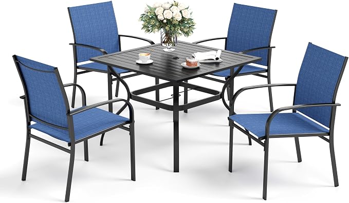 SUNSHINE VALLEY 5 Piece Patio Dining Set for 4, 37”x37” Square Table with Umbrella Hole and 4 Metal Blue Chairs, Outdoor Table and Chairs Set for Lawn Backyard and Deck