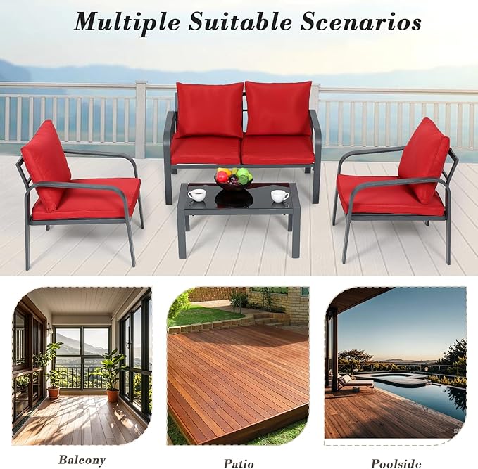 Athena Collection Patio Furniture Set 4 Pieces Outdoor Conversation Sets with Coffee Table & Cushions, All Weather Bistro Chairs Set for Balcony, Lawn, Garden, Poolside, Red