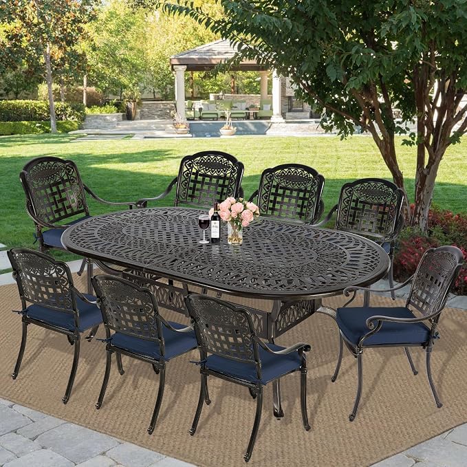 MEETWARM 9-Piece Outdoor Furniture Dining Set, All Weather Cast Aluminum Patio Garden Set with 8 Chairs, 8 Cushions, 1 Oval Table, 2" Umbrella Hole, Dark Bronze, Navy Blue