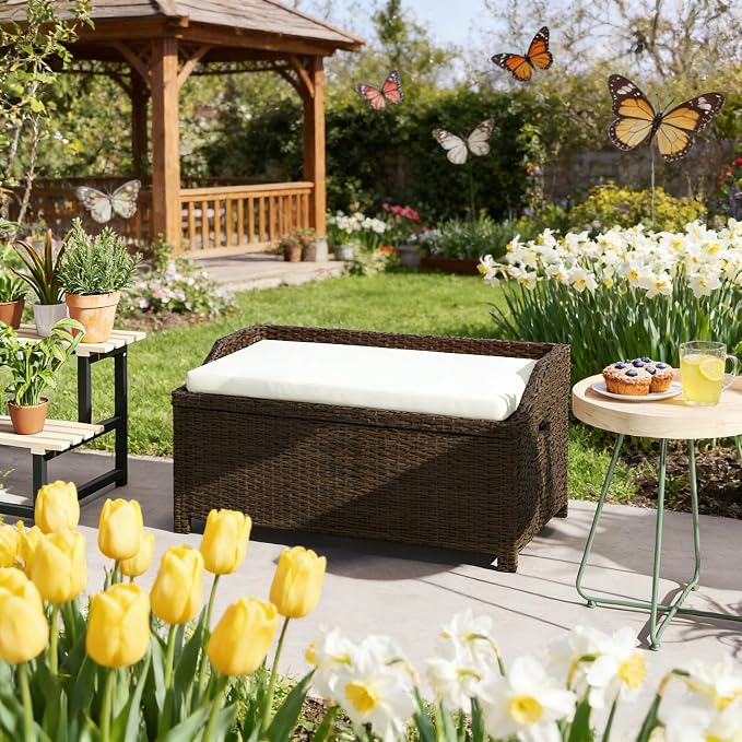 2-in-1 Outdoor Wicker Storage Bench & Outdoor Storage Box with Gas Struts- 34 Gallon Water-Resistant Deck Box,Splash-Proof Cushion & Removable Cover.Deep Coffee Rattan,Patio Storage Cabinet Solution