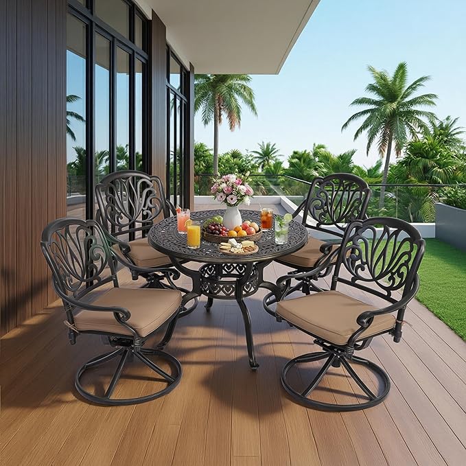 5-Piece Cast Aluminum Outdoor Patio Dining Set, All Weather Cast Aluminum Outdoor Furniture Dining Set for Patio, Balcony, Garden, Backyard w/4 Swivel Chairs & Cushions, 2.0" Umbrella Hole